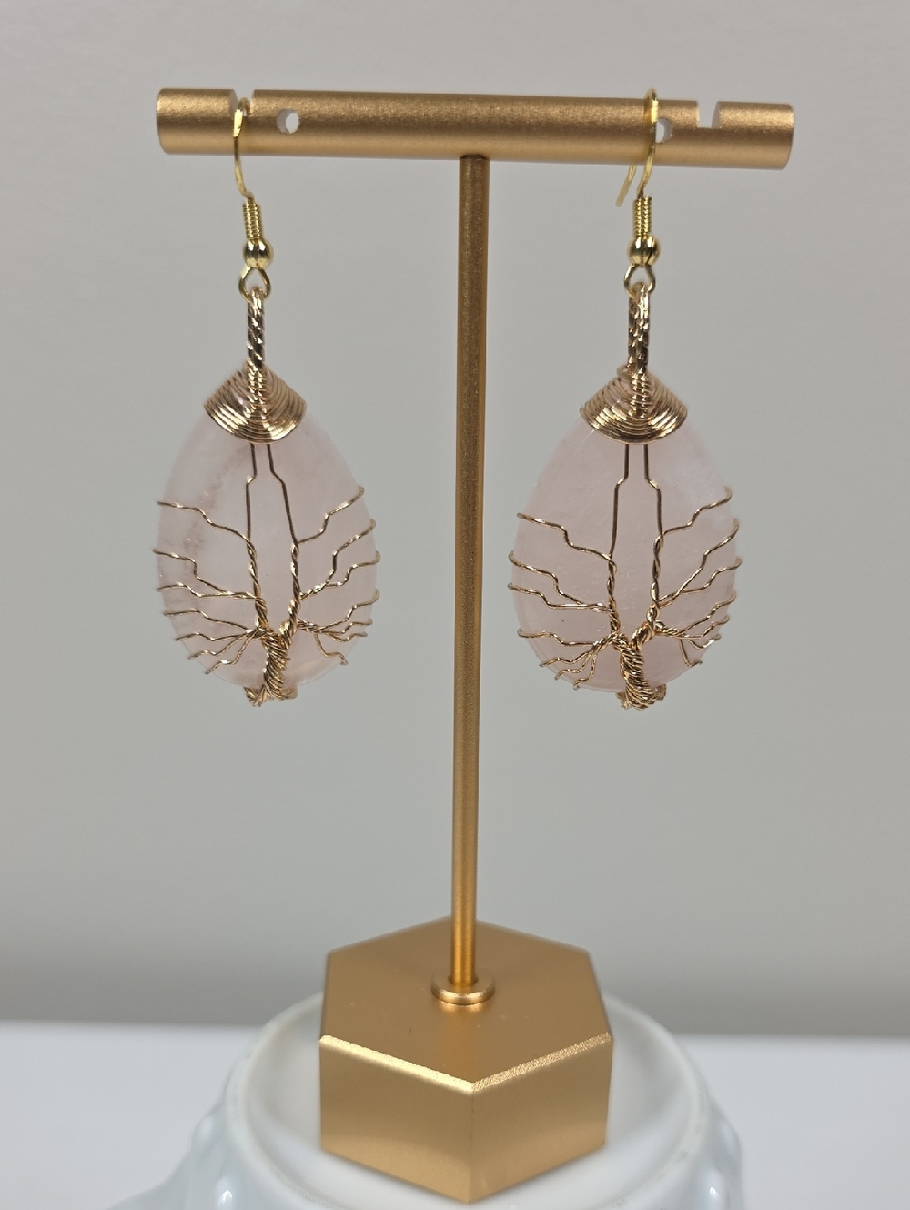 Handmade Rose Quartz Tree of Life Drop Earrings - Gold Wire
